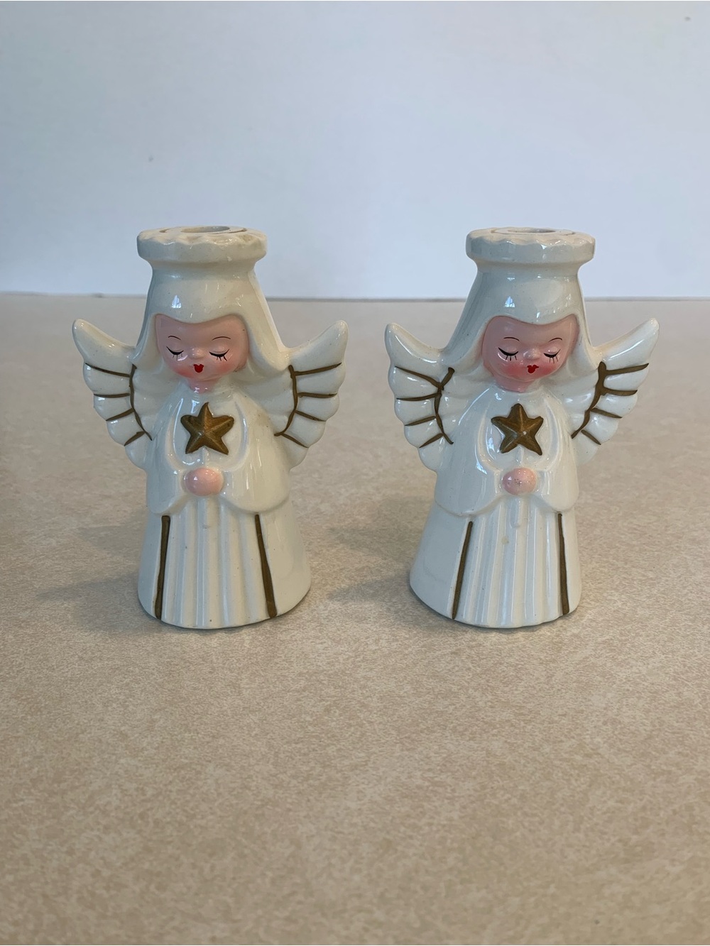 Vintage MCM Howard Holt 1962 Angel Candle Holders White / Gold Ceramic Set of 2